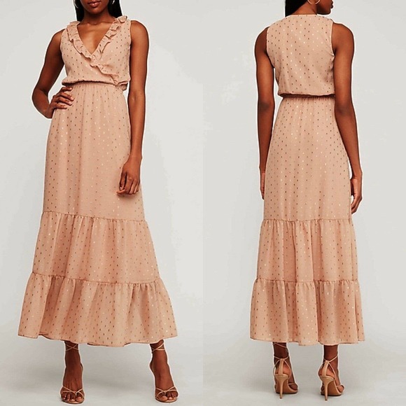 Express Dresses & Skirts - Express Ruffle Maxi Dress Size S Metallic Clip Dot V Neck Faux Wrap Sleeveless